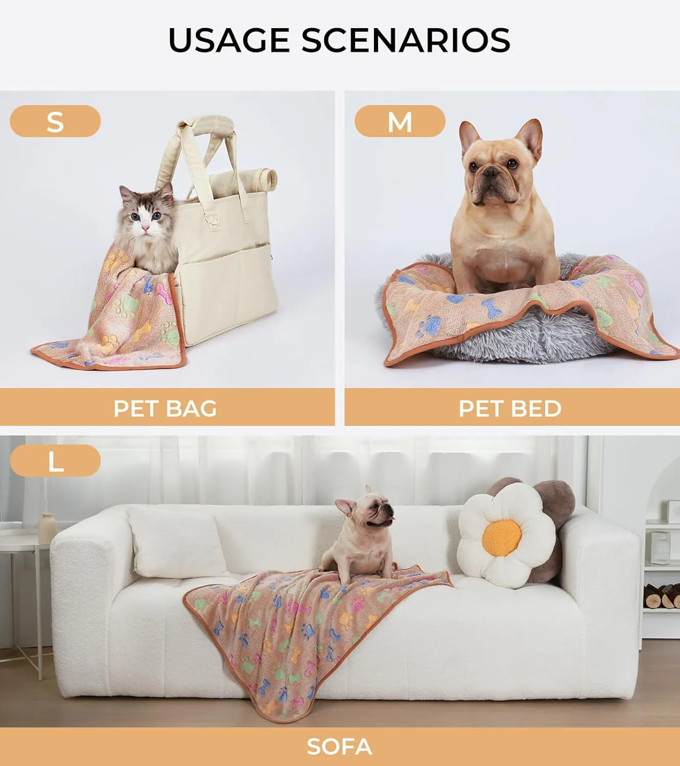 1 Pack 3 Blankets Super Soft Fluffy Cute Bone Pattern Pet Blanket Flannel Throw for Dog Puppy Cat Pink/Brown/Purple Small