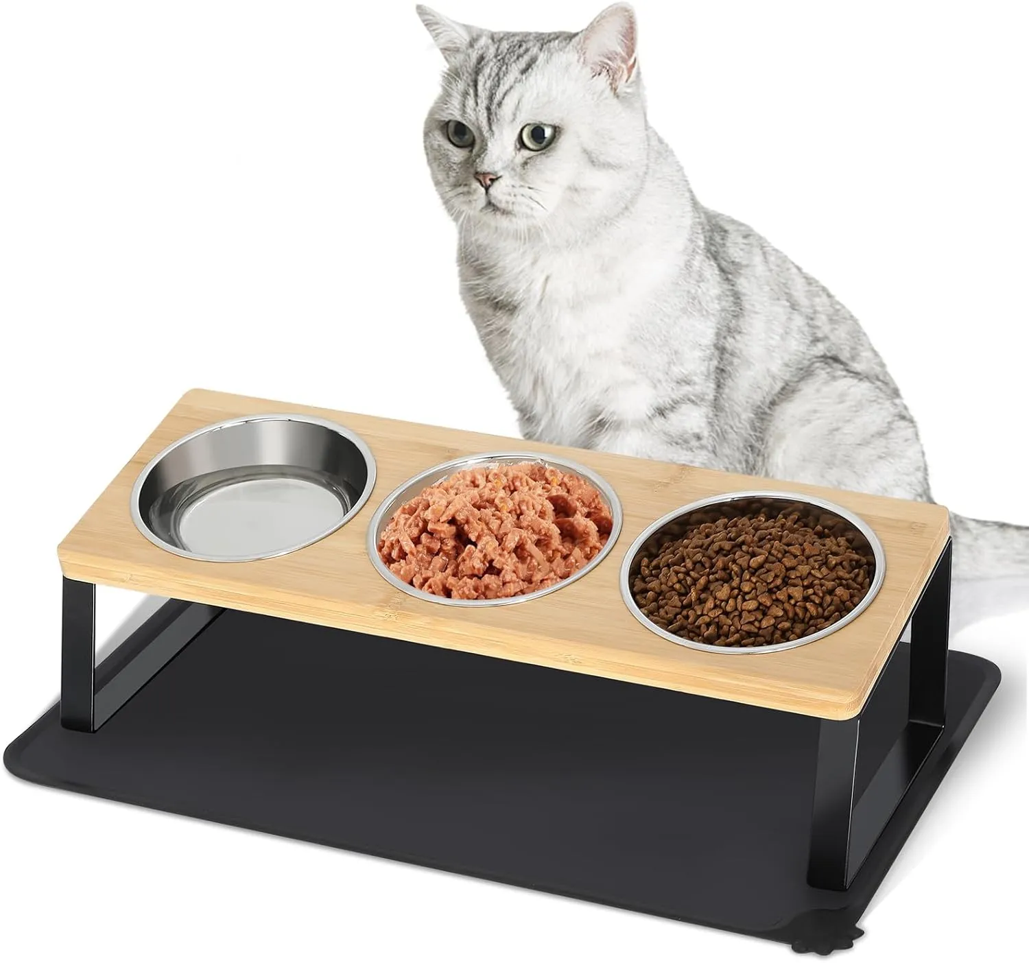 3 Elevated cat BowlsRaised cat Food Bowls for Food and Water,Small Dog 15Tilted Raised Feeding Dishes,for Indoor Catswith Non-Slip Stand & Bamboo Board