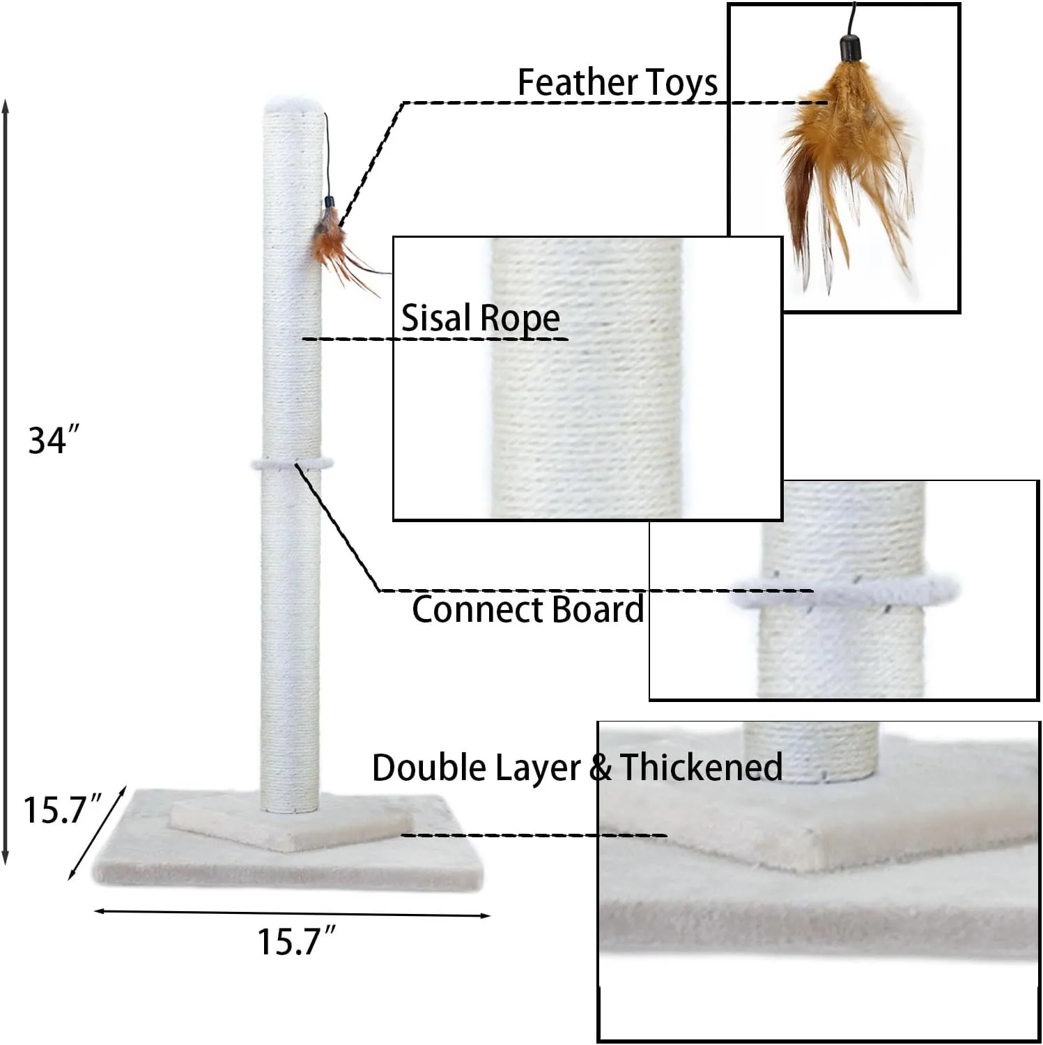 34" Tall Cat Scratching Post Double Base and Reinforcement Design,Sisal Scratch Posts Trees with Feather Toys for Indoor Cats (Beige)