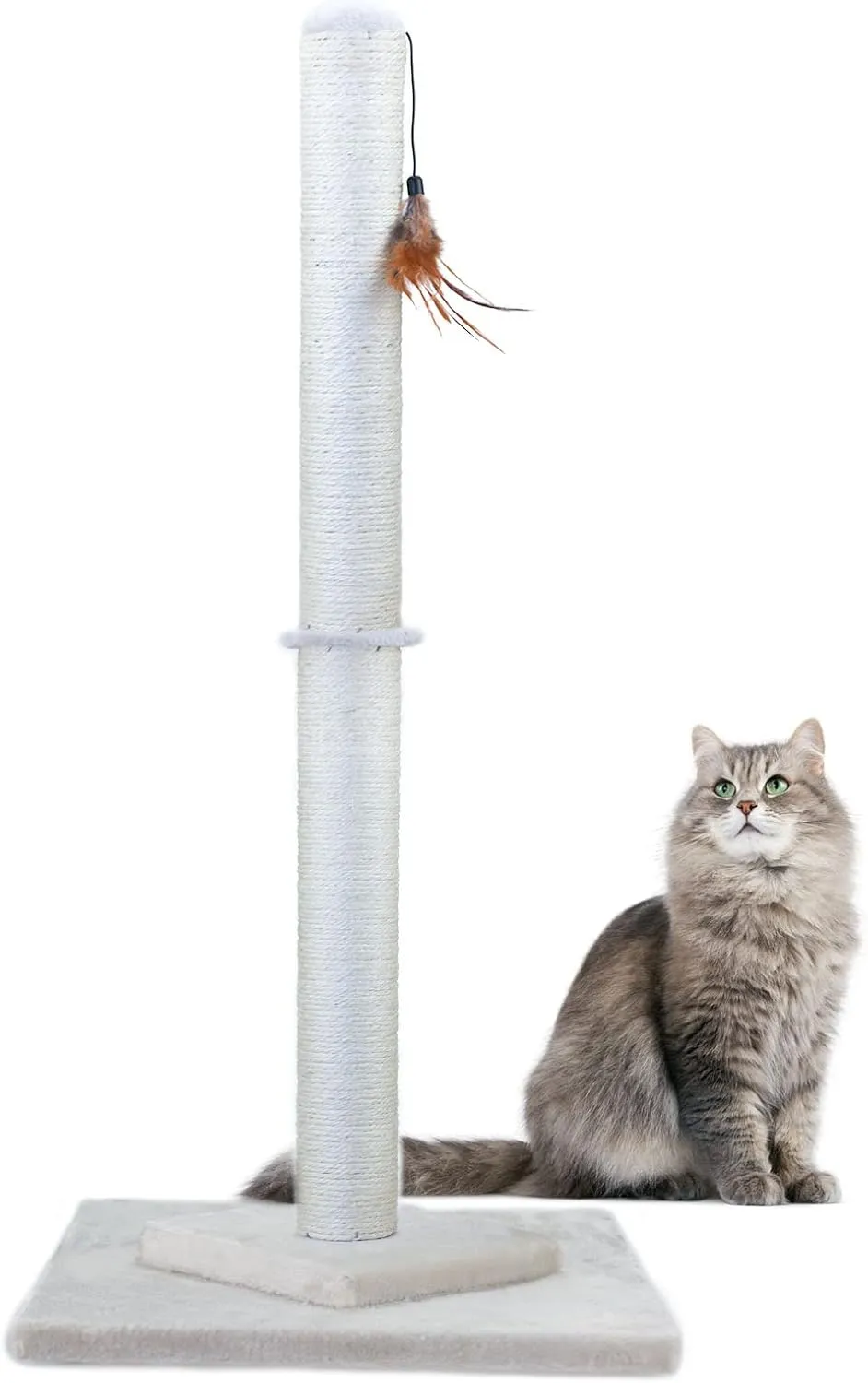 34" Tall Cat Scratching Post Double Base and Reinforcement Design,Sisal Scratch Posts Trees with Feather Toys for Indoor Cats (Beige)