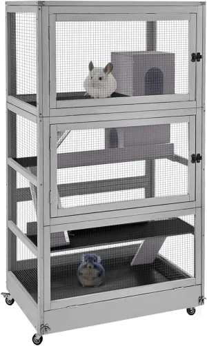 4-Level Small Animal Cage - Wooden Ferret Cage with Anti-Chew Metal Frame, Wheels & Removable Trays for Chinchillas, Hedgehogs, Indoor/Outdoor Use