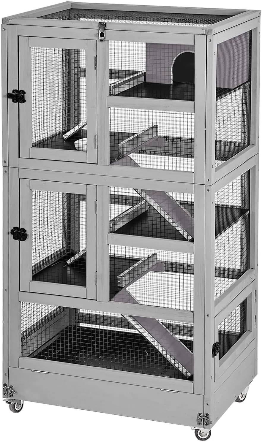 5-Level Small Animal Cage - Wooden Ferret Cage with Anti-Chew Metal Frame, Wheels & Removable Trays for Chinchillas, Hedgehogs, Indoor/Outdoor Use