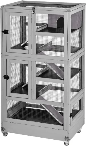5-Level Small Animal Cage - Wooden Ferret Cage with Anti-Chew Metal Frame, Wheels & Removable Trays for Chinchillas, Hedgehogs, Indoor/Outdoor Use