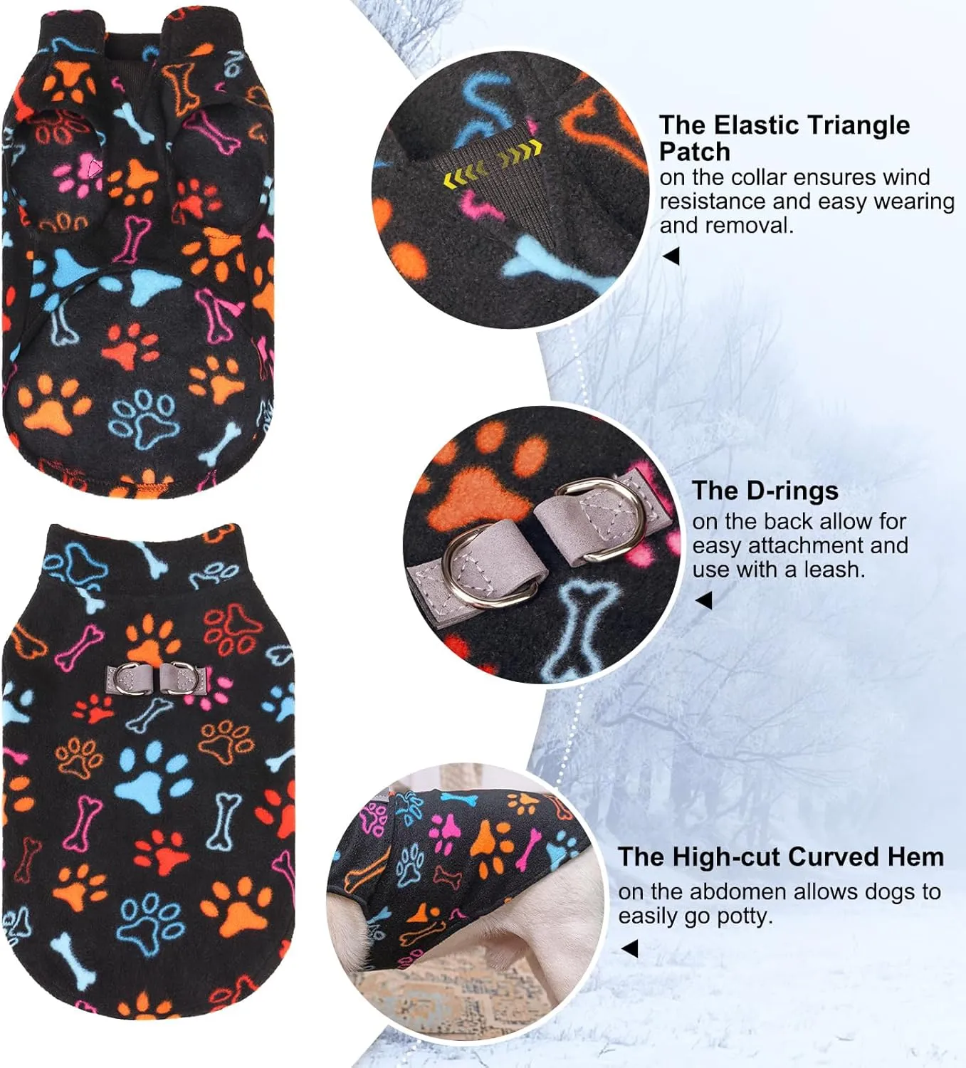 BEAUTYZOO Small Dog Sweater Fleece Vest Winter Jacket, D-Ring Leash Attachment for XS S Puppy Medium Sized Breeds Dogs, Cold Weather Dog Clothes Windproof Keep Warm, Black Bones Paw L