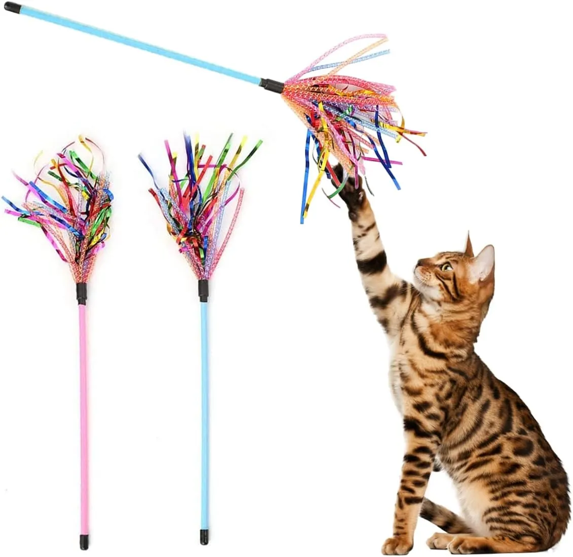 Cat Toy Wand 2PCS Interactive Cat Feather Toy Cat Teaser with Sound Paper Tassels and Soft Line Tube(Pink Blue)