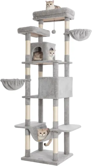 Cat Tree, 81-Inch Tall Cat Tower with Scratching Post, Plush Multi-Level Cat Condo with 2 Perches, 2 Caves, 2 Basket, Hammock for Indoor Cats Light Grey