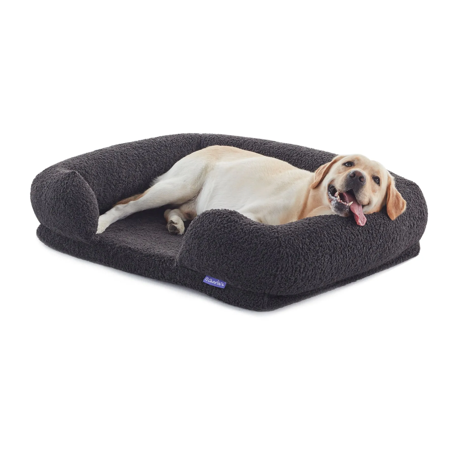 Charlie's Teddy Fleece Orthopedic Memory Foam Sofa Dog Bed with Bolster Charcoal Medium