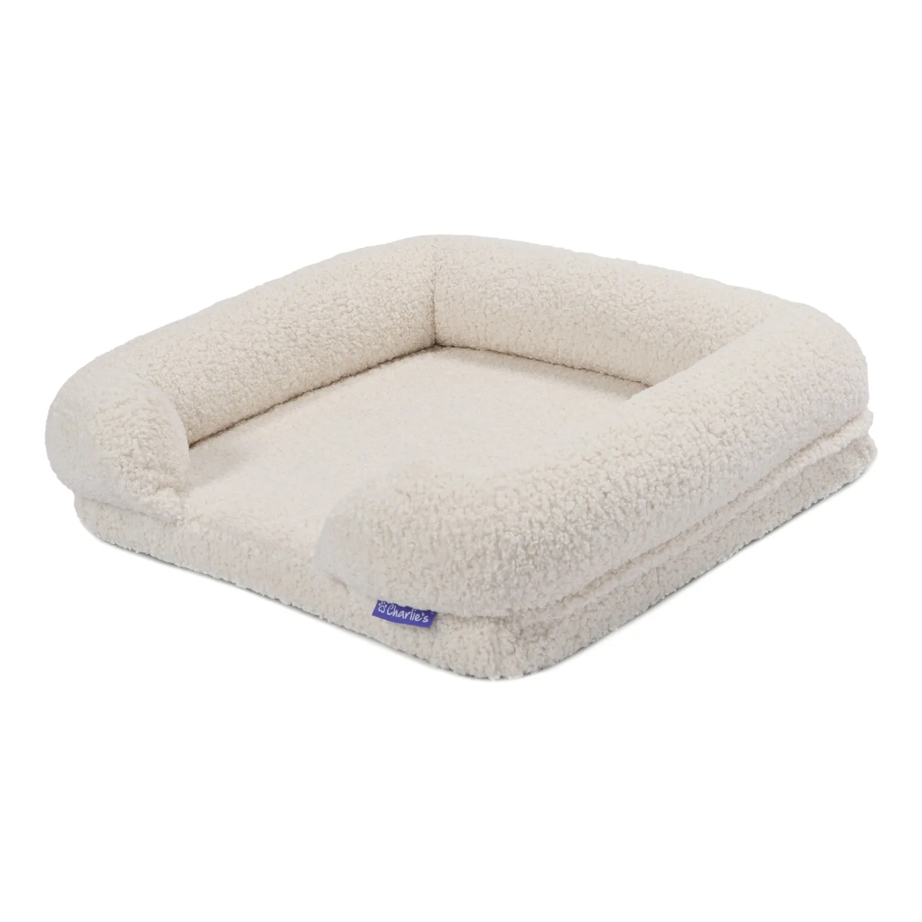 Charlie's Teddy Fleece Orthopedic Memory Foam Sofa Dog Bed with Bolster Cream Medium