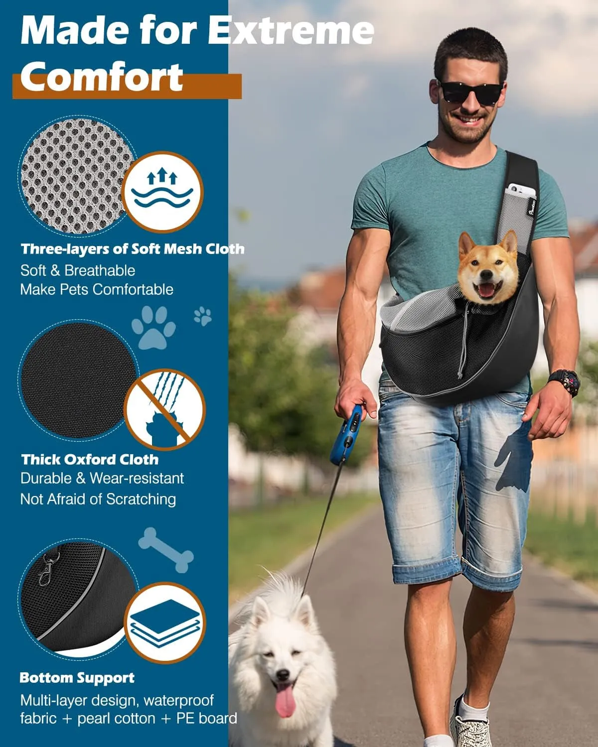 Dog Sling Carrier, Dog Papoose with Zipper Touch Pocket, Hand Free Breathable Mesh Puppy Carrier, Crossbody Satchel Dog Purse with Adjustable Strap for Outdoor Travel, Black, Small