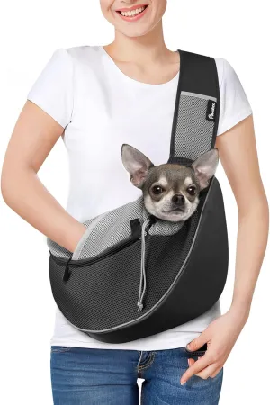 Dog Sling Carrier, Dog Papoose with Zipper Touch Pocket, Hand Free Breathable Mesh Puppy Carrier, Crossbody Satchel Dog Purse with Adjustable Strap for Outdoor Travel, Black, Small