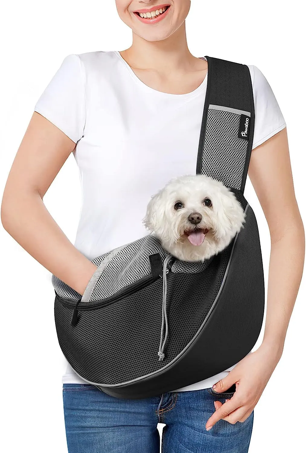 Dog Sling Carrier, Dog Papoose with Zipper Touch Pocket, Hand Free Breathable Mesh Puppy Carrier, Crossbody Satchel Dog Purse with Adjustable Strap for Outdoor Travel, Black, Small