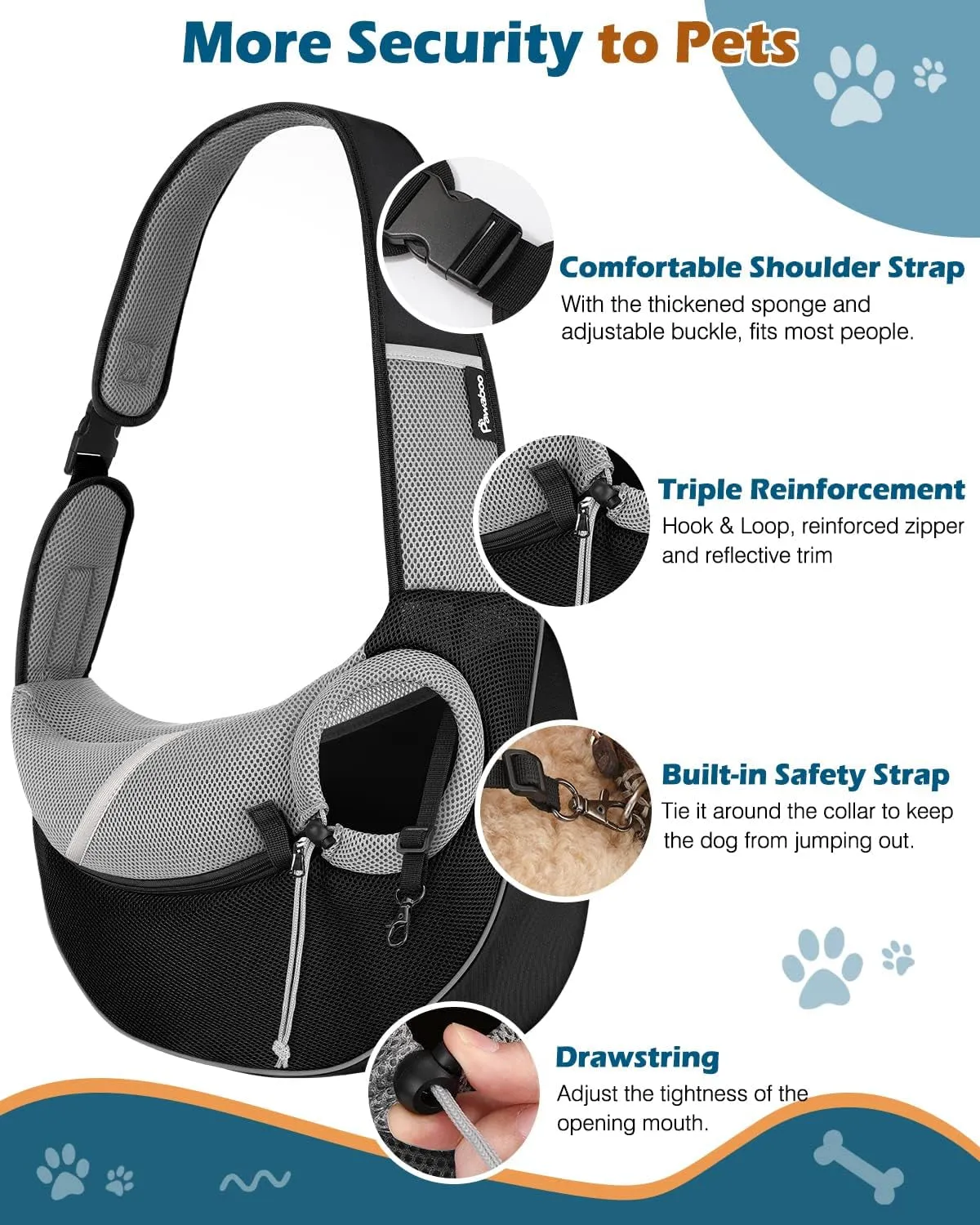 Dog Sling Carrier, Dog Papoose with Zipper Touch Pocket, Hand Free Breathable Mesh Puppy Carrier, Crossbody Satchel Dog Purse with Adjustable Strap for Outdoor Travel, Black, Small