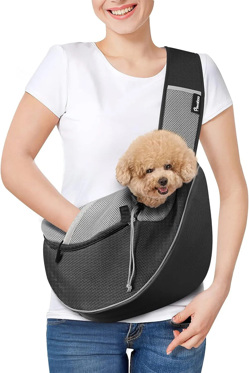 Dog Sling Carrier, Dog Papoose with Zipper Touch Pocket, Hand Free Breathable Mesh Puppy Carrier, Crossbody Satchel Dog Purse with Adjustable Strap for Outdoor Travel, Black, Small