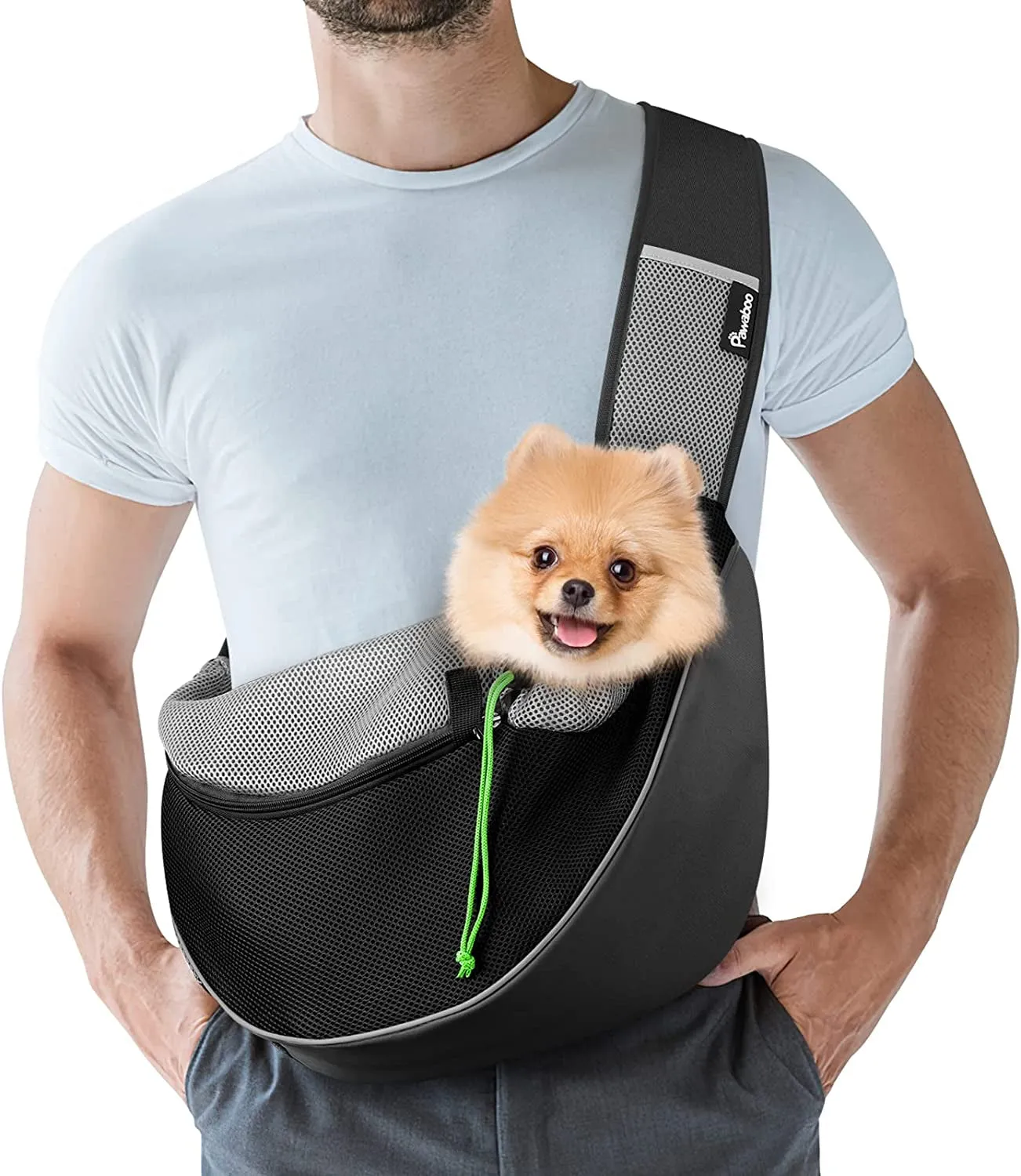 Dog Sling Carrier, Dog Papoose with Zipper Touch Pocket, Hand Free Breathable Mesh Puppy Carrier, Crossbody Satchel Dog Purse with Adjustable Strap for Outdoor Travel, Black, Small