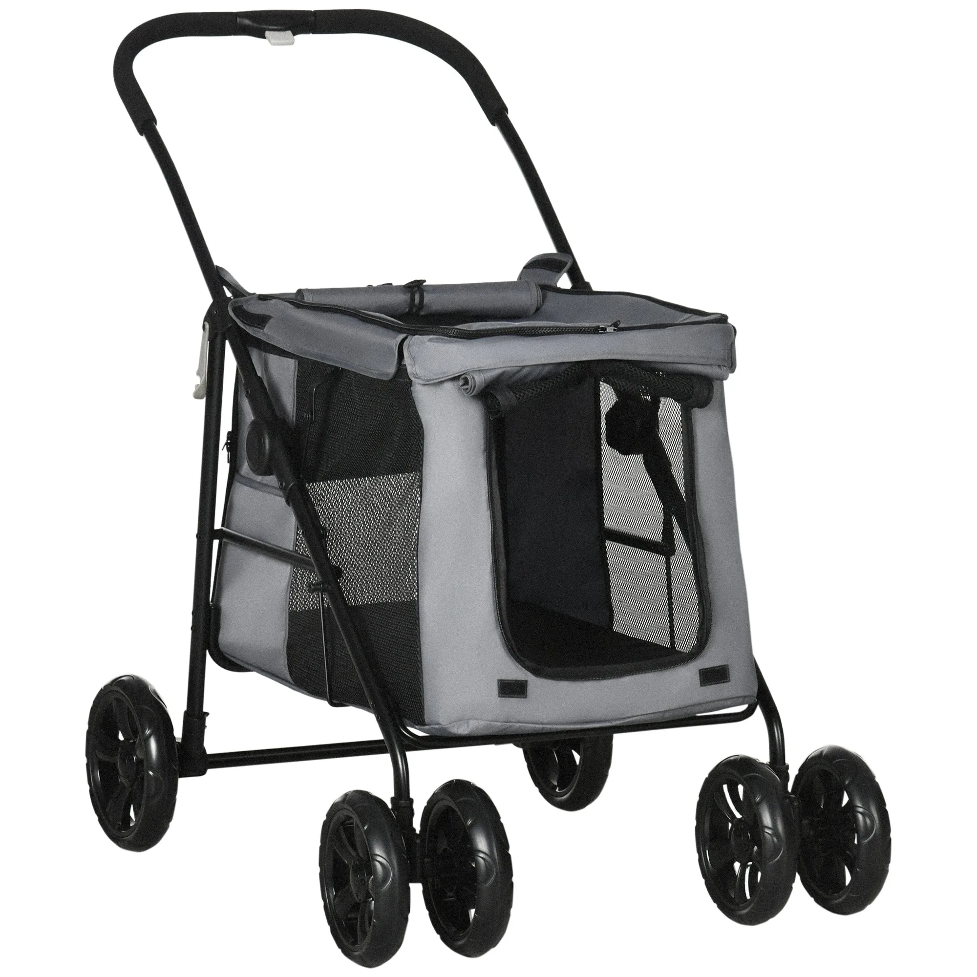 Foldable Pet Stroller One Click Dog Pushchair Cat Travel CarriageWith EVA Wheels Mesh Windows for Small Pets Grey