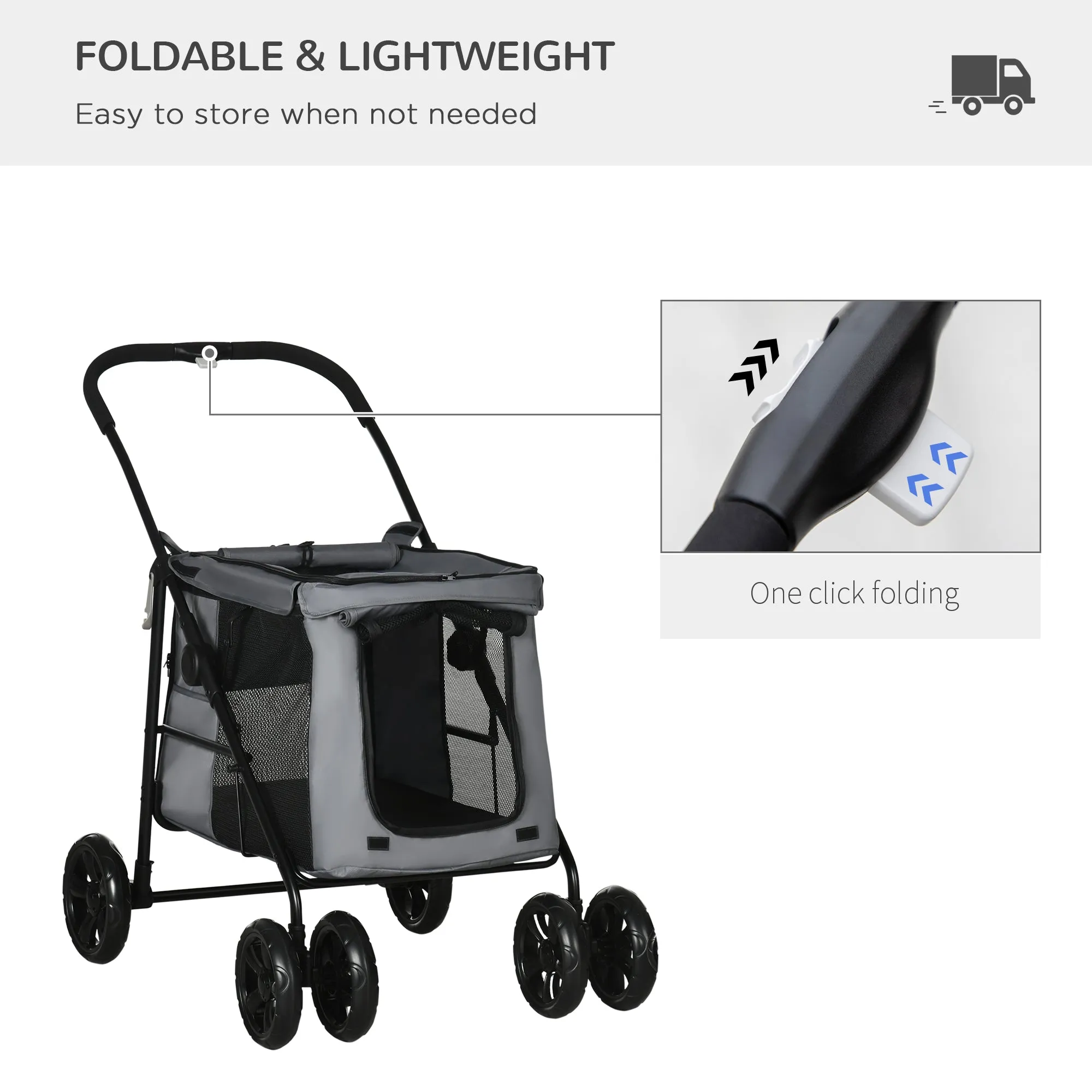 Foldable Pet Stroller One Click Dog Pushchair Cat Travel CarriageWith EVA Wheels Mesh Windows for Small Pets Grey