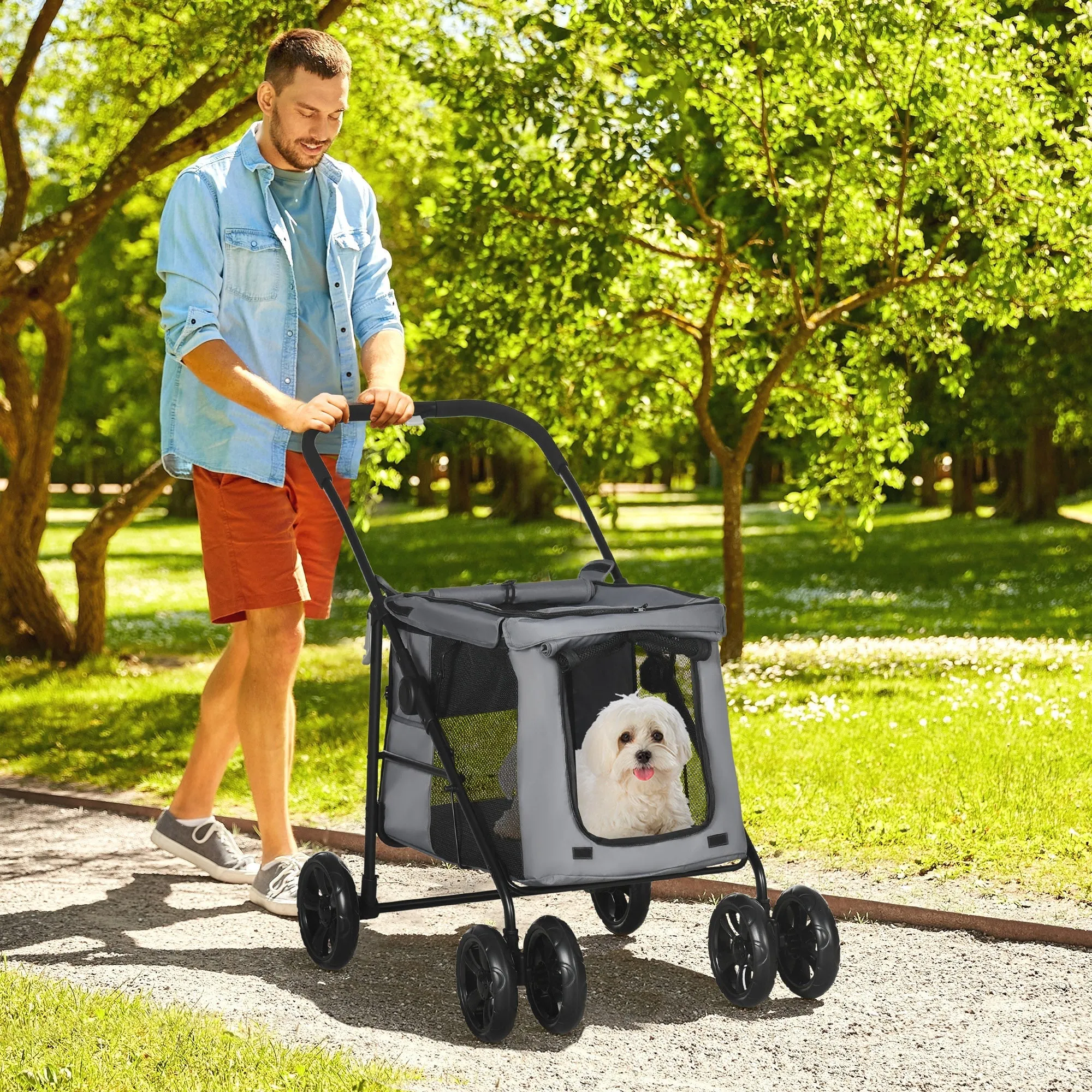 Foldable Pet Stroller One Click Dog Pushchair Cat Travel CarriageWith EVA Wheels Mesh Windows for Small Pets Grey