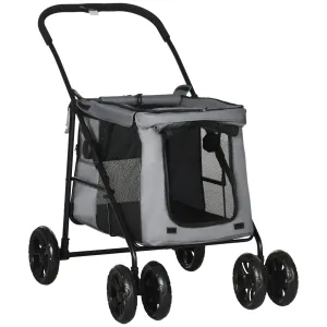 Foldable Pet Stroller One Click Dog Pushchair Cat Travel CarriageWith EVA Wheels Mesh Windows for Small Pets Grey
