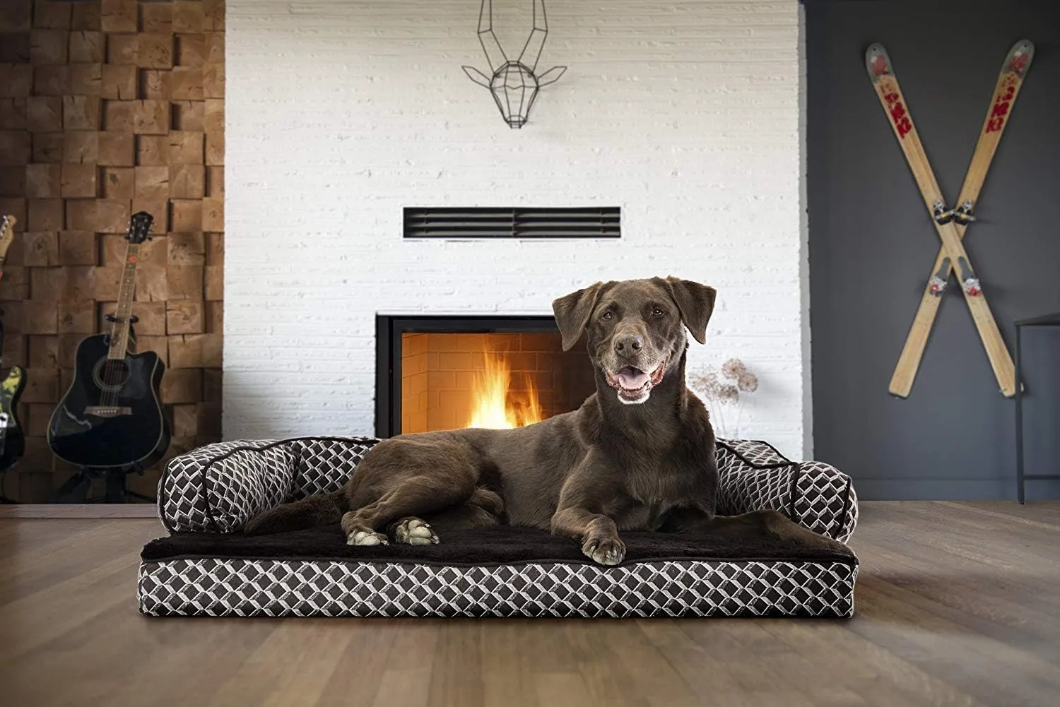 Furhaven Orthopedic Dog Bed for Large/Medium Dogs w/ Removable Bolsters & Washable Cover, For Dogs Up to 55 lbs - Plush & Woven Decor Comfy Couch Sofa - Diamond Brown, Large