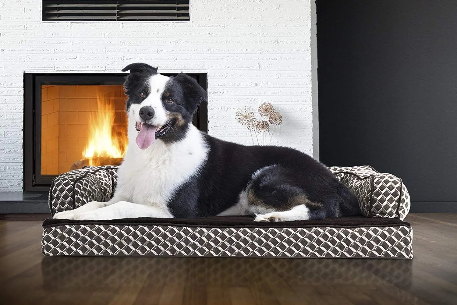 Furhaven Orthopedic Dog Bed for Large/Medium Dogs w/ Removable Bolsters & Washable Cover, For Dogs Up to 55 lbs - Plush & Woven Decor Comfy Couch Sofa - Diamond Brown, Large