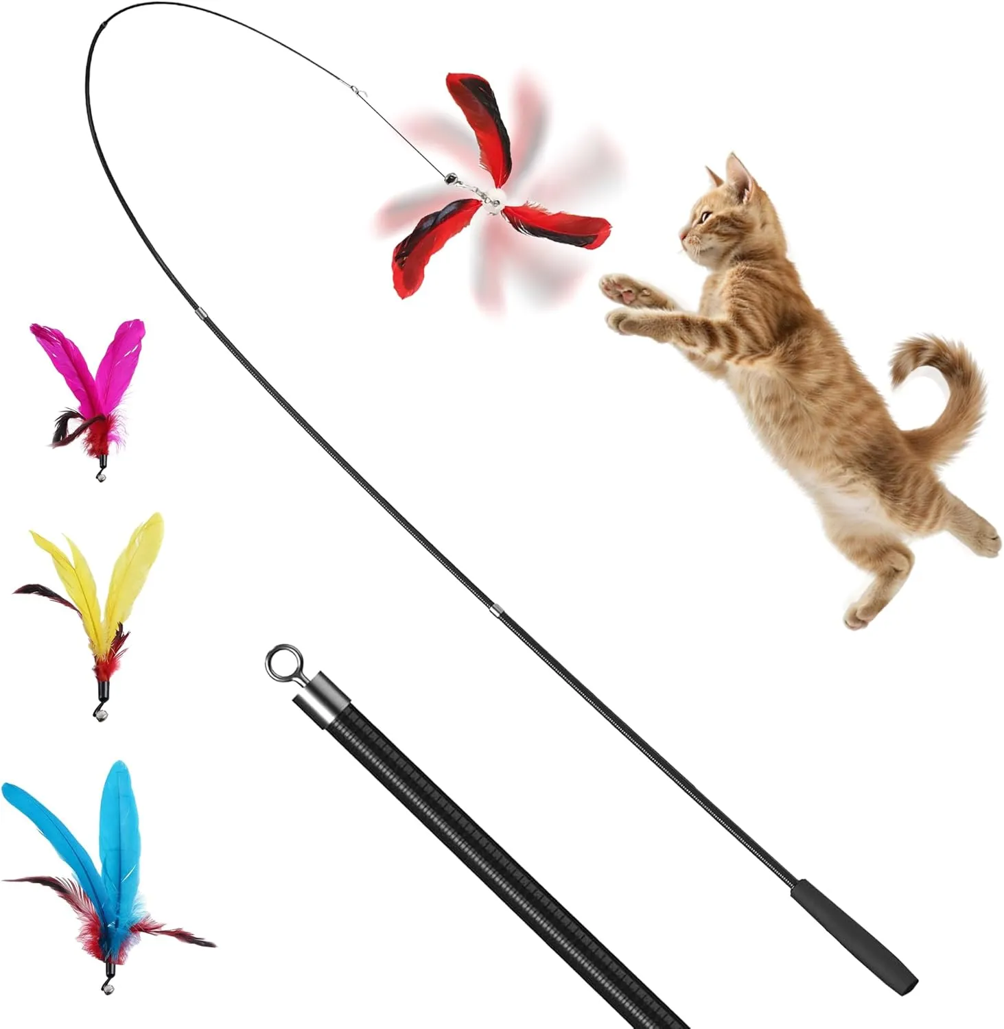 Hi Pets- Cat Wand with 4 pcs Natural Feathers, for Indoor Cats. 72 inches, cat Telescopic Wand 6 ft. Long and Flexible cat Teaser for More Fun and exitment.