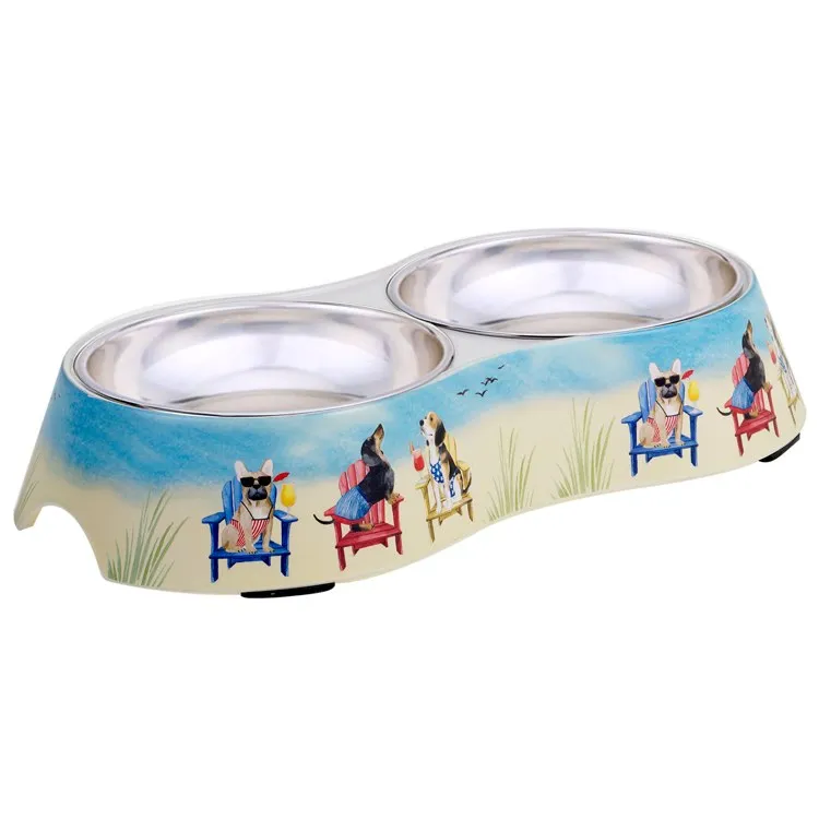 Hot Dogs Double Serve Bamboo Fiber Pet Bowl with Stainless Steel Insert