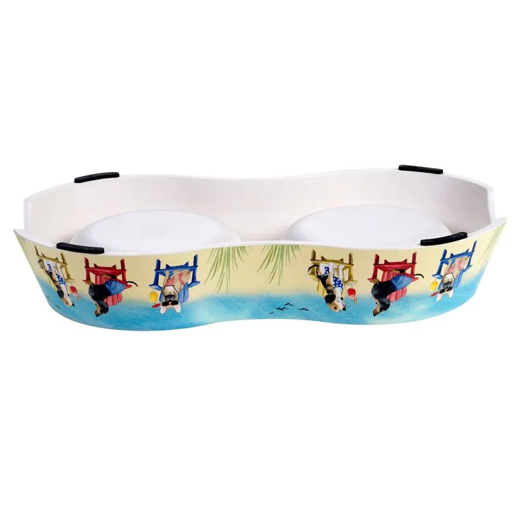 Hot Dogs Double Serve Bamboo Fiber Pet Bowl with Stainless Steel Insert
