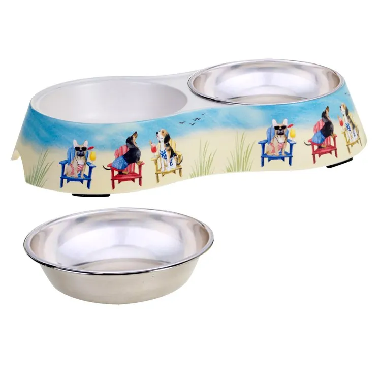 Hot Dogs Double Serve Bamboo Fiber Pet Bowl with Stainless Steel Insert