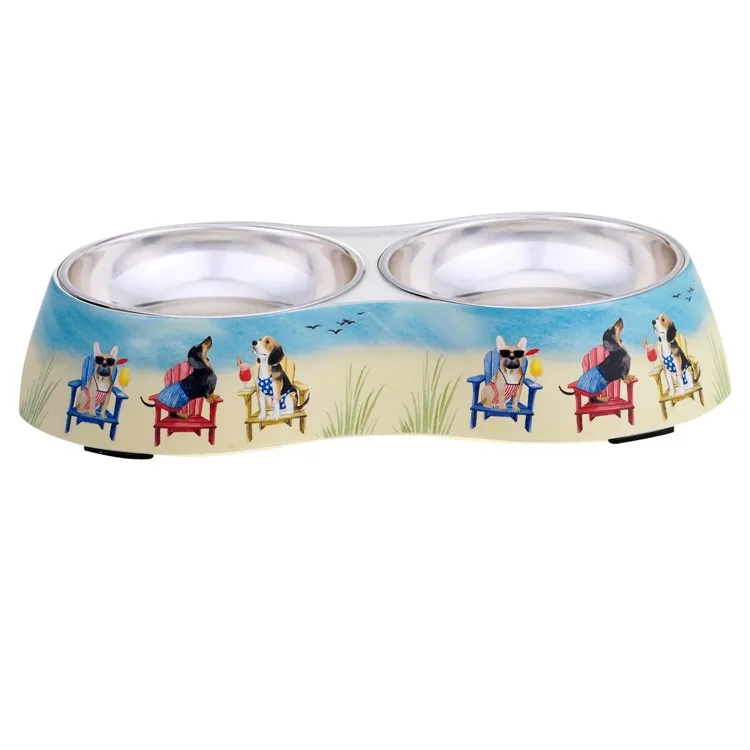 Hot Dogs Double Serve Bamboo Fiber Pet Bowl with Stainless Steel Insert