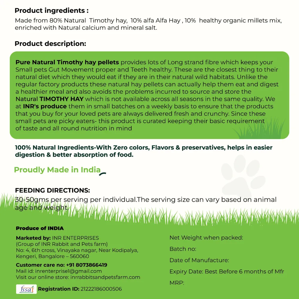 INR'S Farm Fresh Pure and Natural Timothy Hay Pellets Food for Small Animals