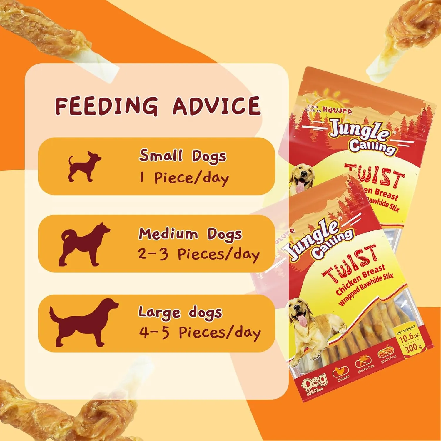 Jungle Calling Dog Treats, Chicken Wrapped Rawhide Sticks for Dogs, Grain-Free Natural Small Dogs Training Treats, Pet Chew Snacks,10.6 oz