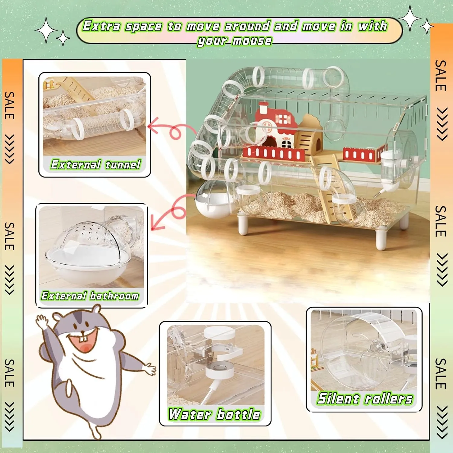 Large Hamster Cage 17x11x13 Inch Acrylic Habitat - Multi-Level Enclosure for Dwarf/Syrian Hamsters, Mice & Gerbils (Ventilated Design & Removable Base) (Transparent White, 17.7x11.81x13 Inch)