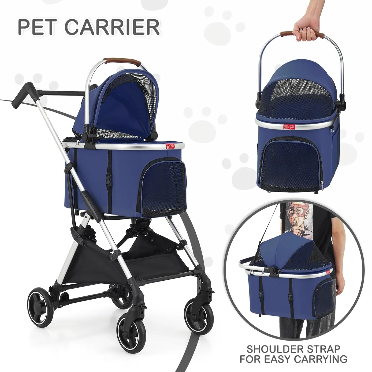 MoNiBloom Pet Stroller for Small/Medium Dogs w/Detachable Carrier & Lightweight Aluminum Frame, Folding Jogging Travel Stroller