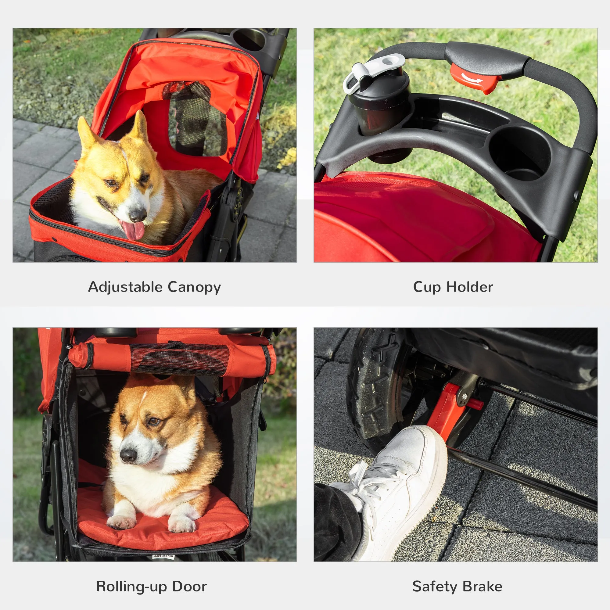 PawHut Folding 3 Wheel Pet Stroller Travel Adjustable Canopy Storage Brake Red