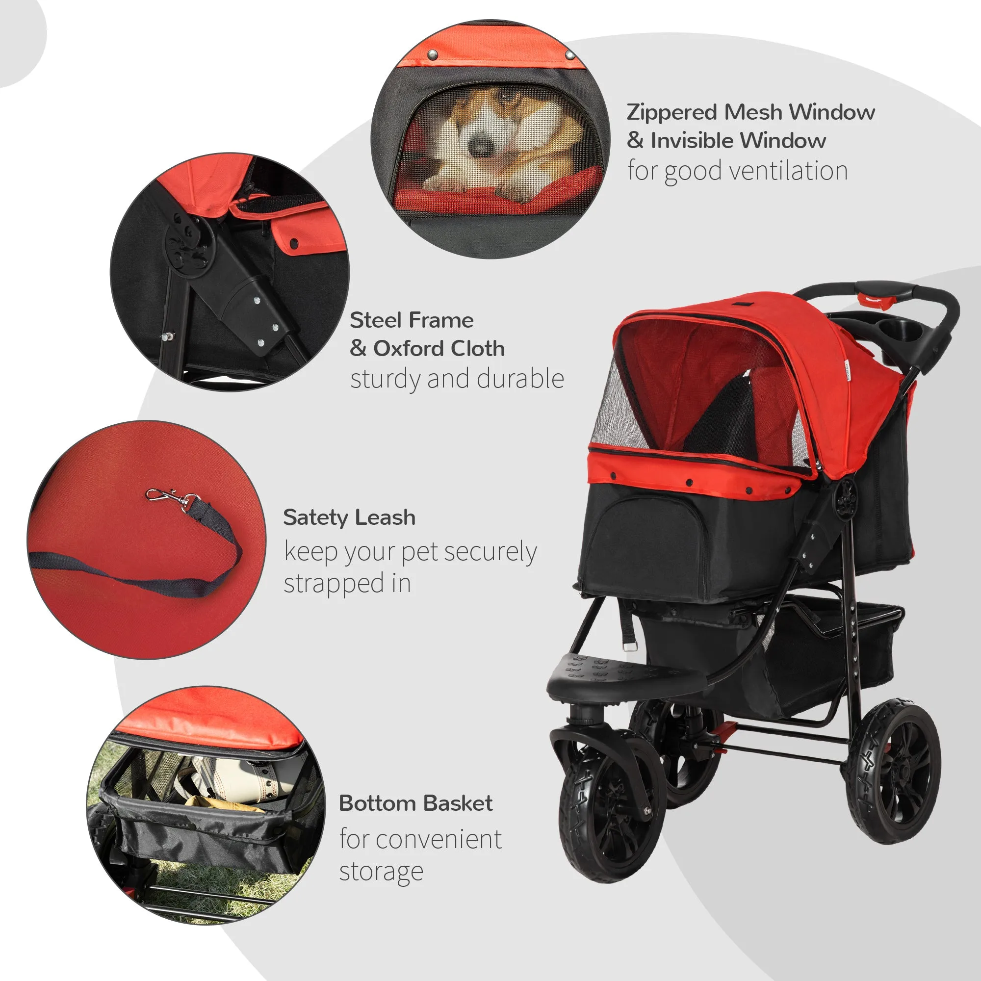 PawHut Folding 3 Wheel Pet Stroller Travel Adjustable Canopy Storage Brake Red