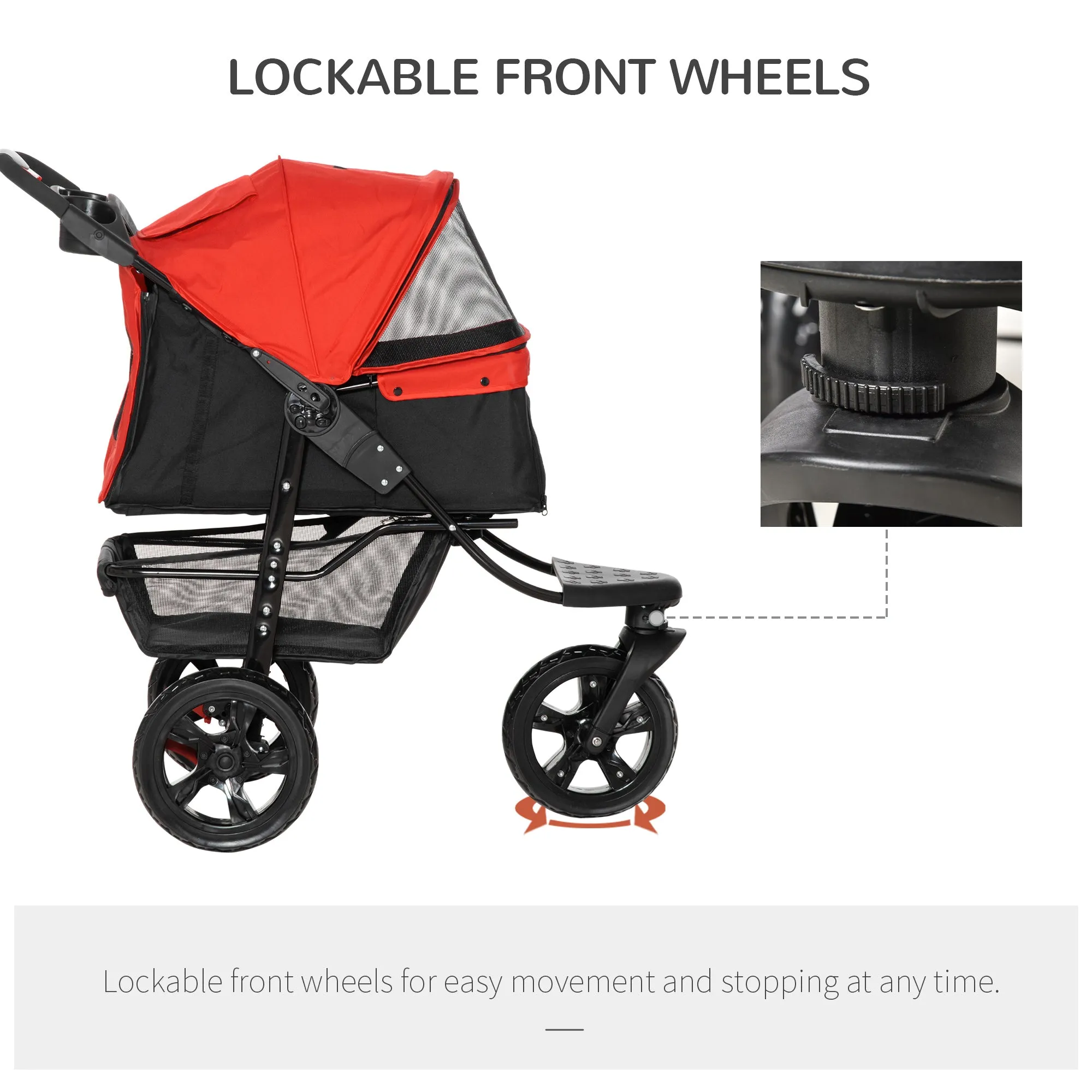 PawHut Folding 3 Wheel Pet Stroller Travel Adjustable Canopy Storage Brake Red