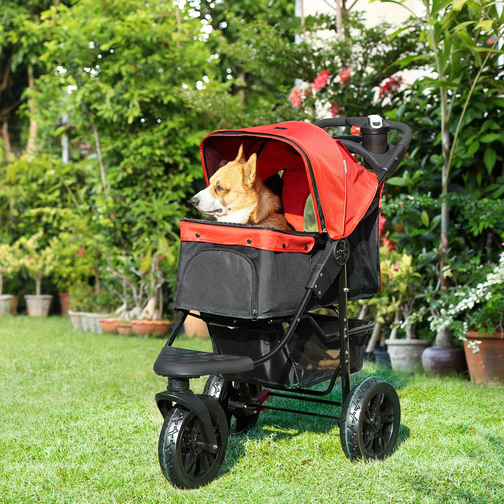PawHut Folding 3 Wheel Pet Stroller Travel Adjustable Canopy Storage Brake Red