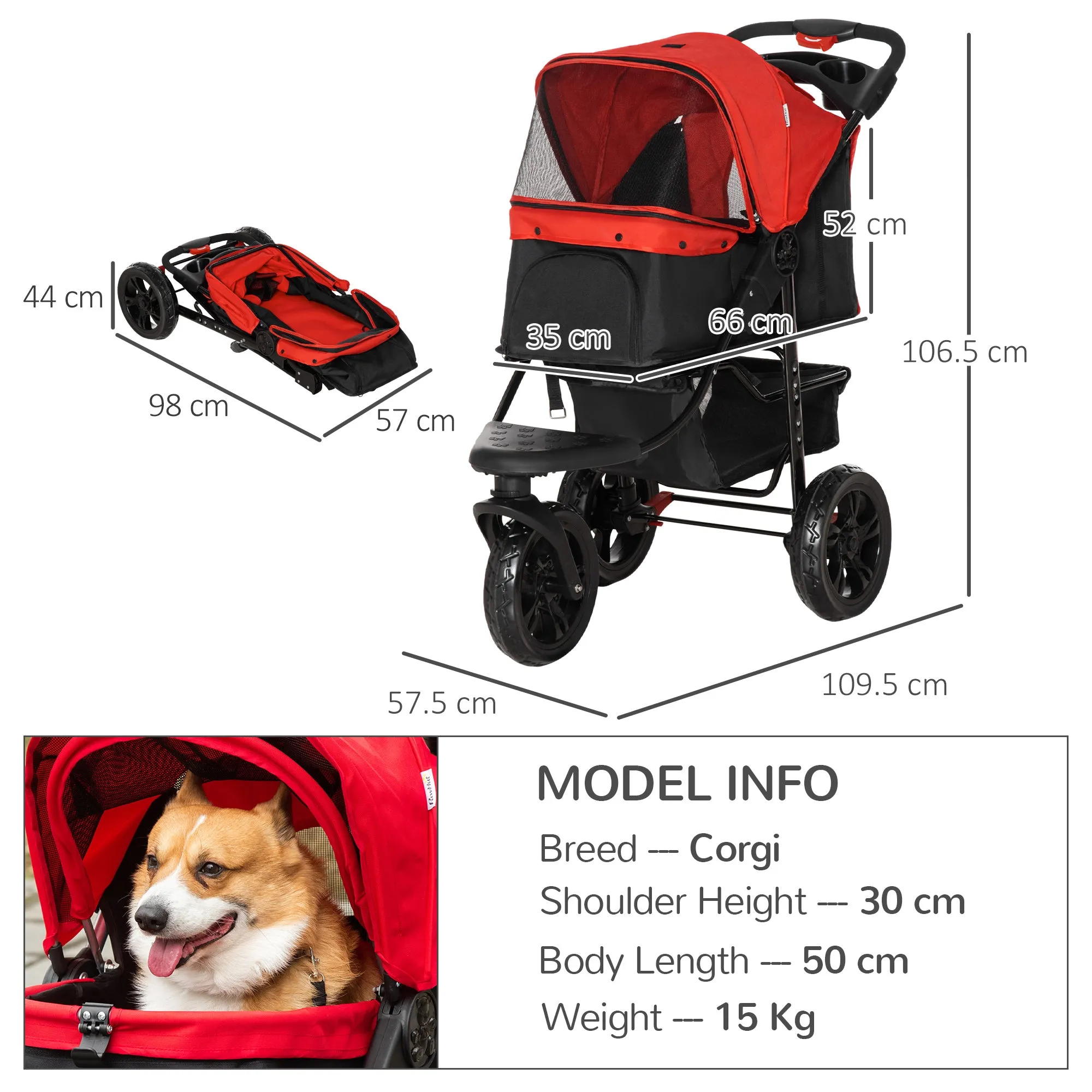 PawHut Folding 3 Wheel Pet Stroller Travel Adjustable Canopy Storage Brake Red