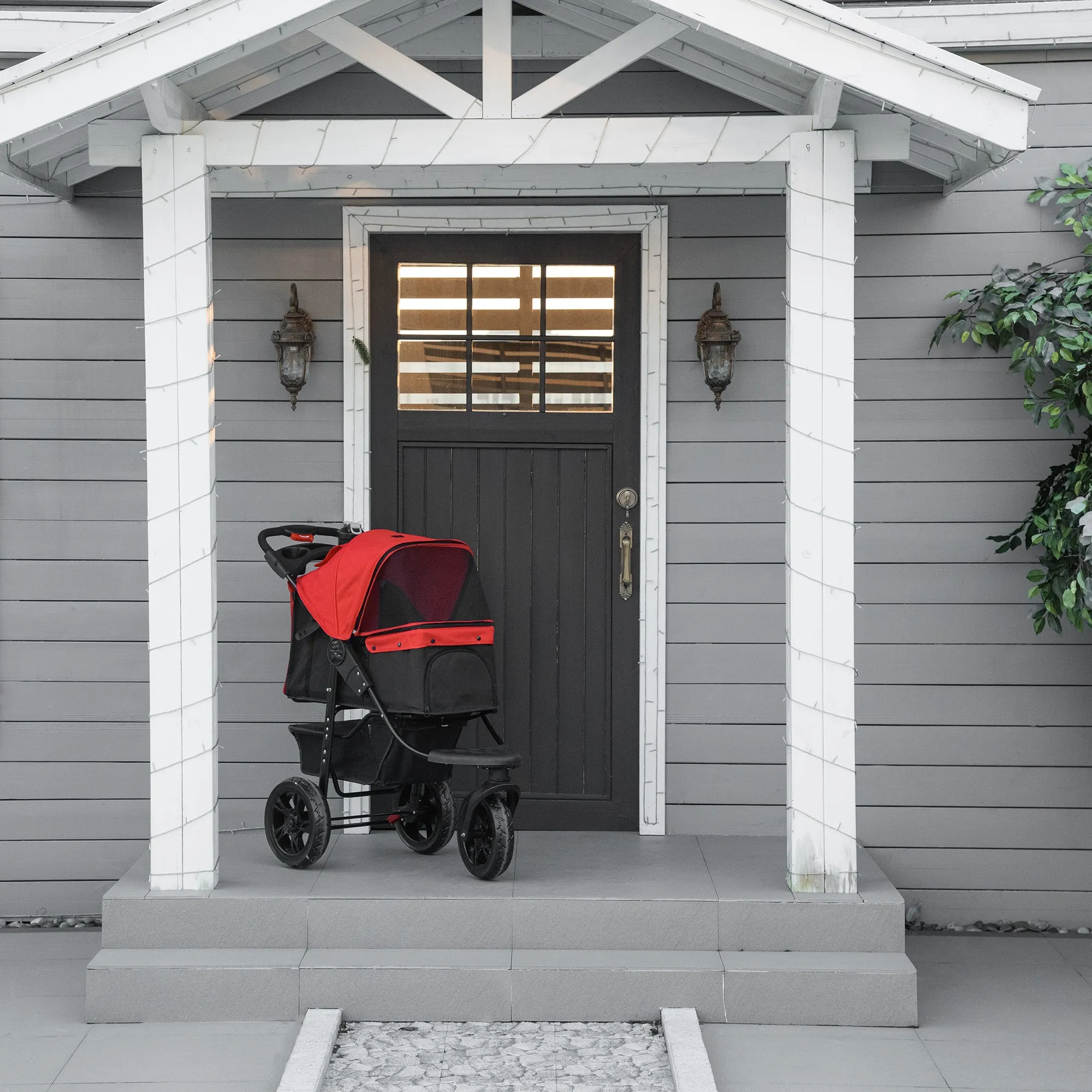 PawHut Folding 3 Wheel Pet Stroller Travel Adjustable Canopy Storage Brake Red
