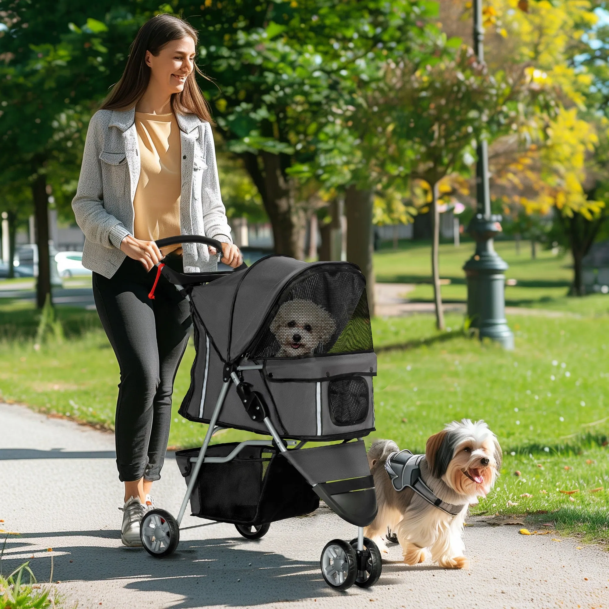 PawHut Pet Stroller Pushchair Carrier for Cat Puppy with 3 Wheels Dark Grey