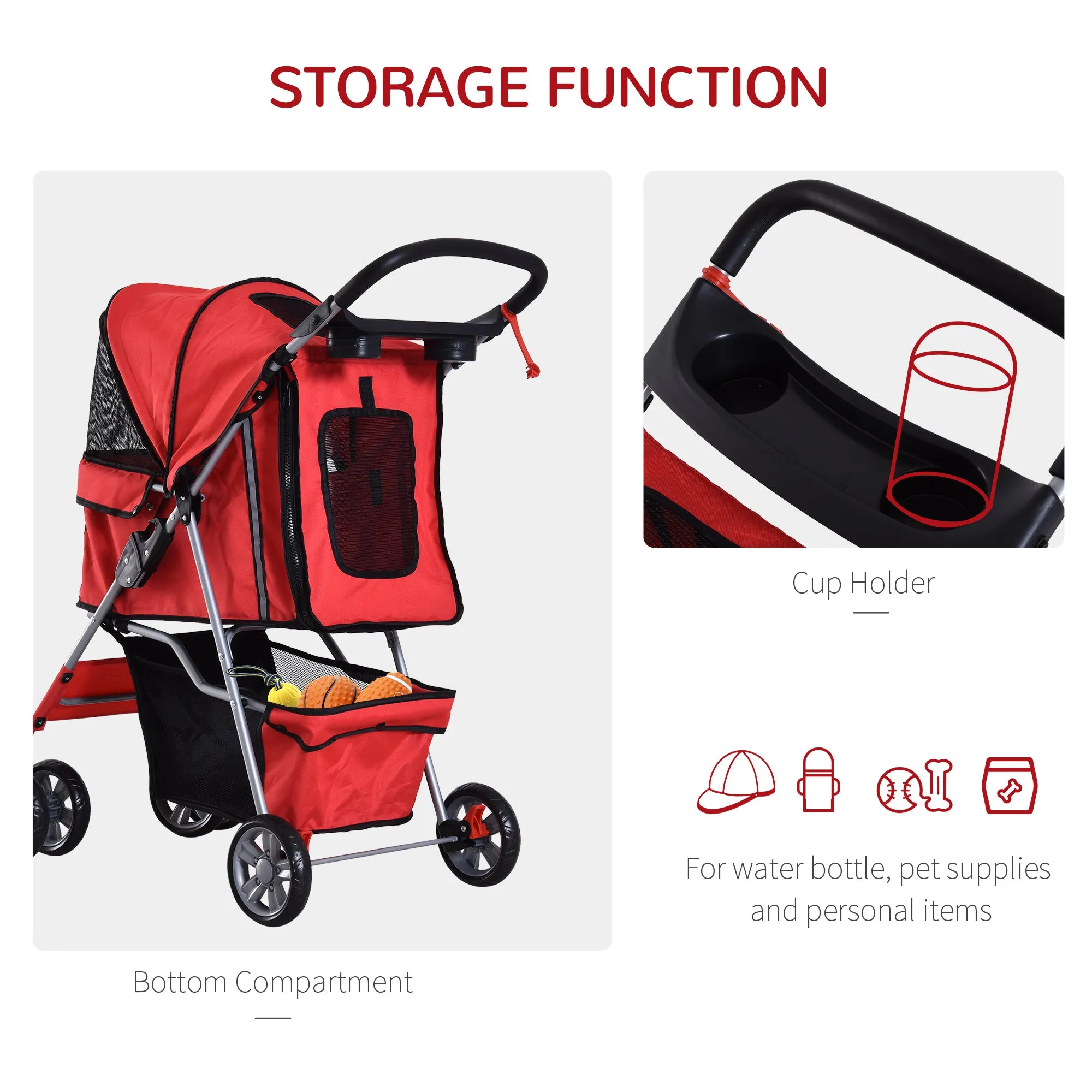 PawHut Red Pet Stroller Carrier Foldable Deluxe Jogger Walk Travel Dog Cat