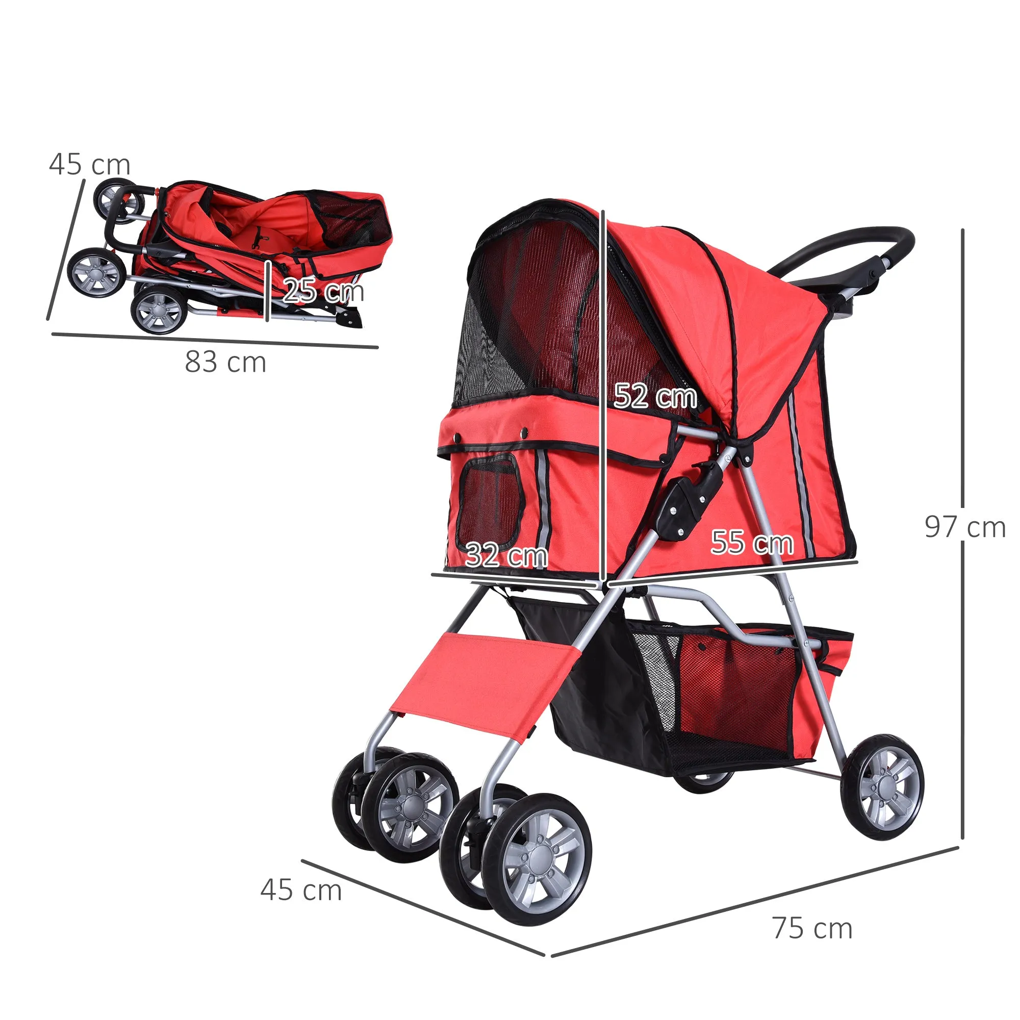 PawHut Red Pet Stroller Carrier Foldable Deluxe Jogger Walk Travel Dog Cat
