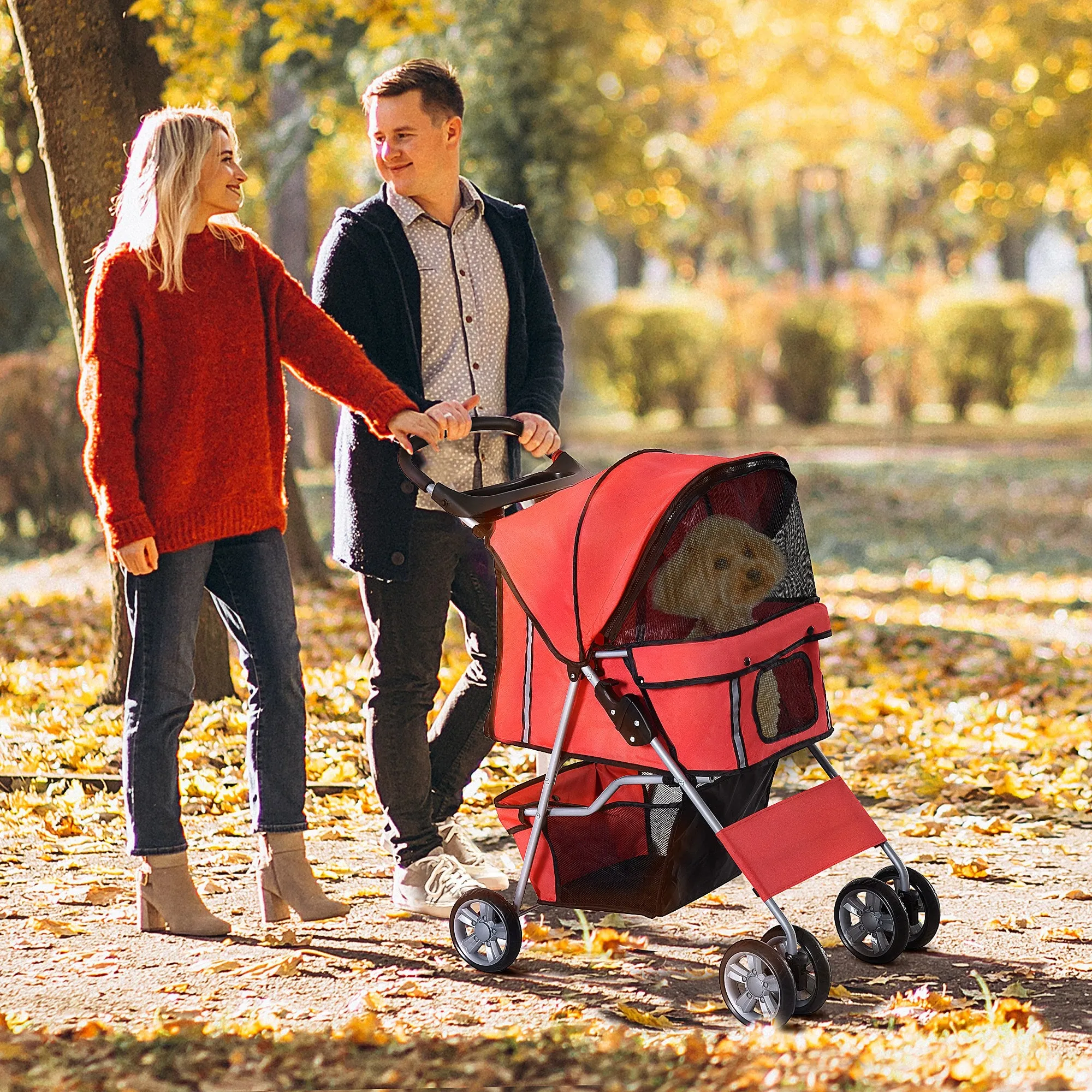 PawHut Red Pet Stroller Carrier Foldable Deluxe Jogger Walk Travel Dog Cat
