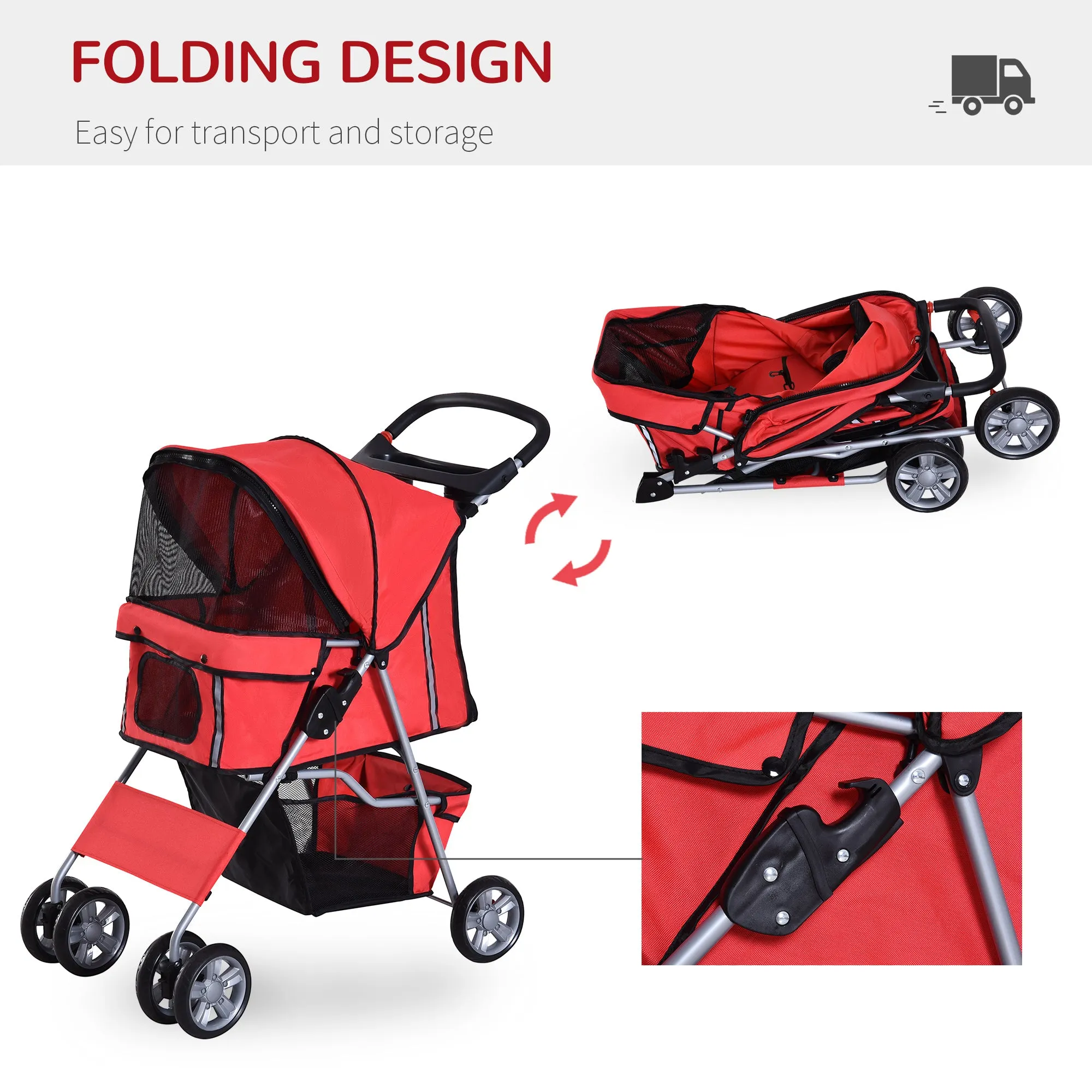 PawHut Red Pet Stroller Carrier Foldable Deluxe Jogger Walk Travel Dog Cat