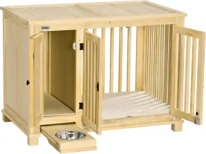 PawHut Wood Dog Crate Furniture with Hidden Food Bowl in Drawer, Dog Crate End Table with Cushion, Double Doors, for Small Dogs Indoor Use, Natural