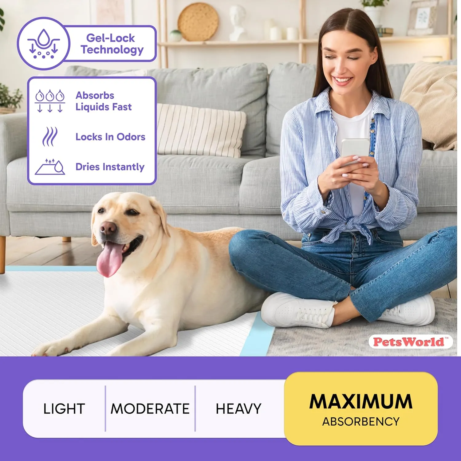 PETSWORLD 2XL Puppy Pads, 28x44 Inch, 150 Count| Ultra-Absorbent, Leak-Proof Dog Pee Pads for Potty Training