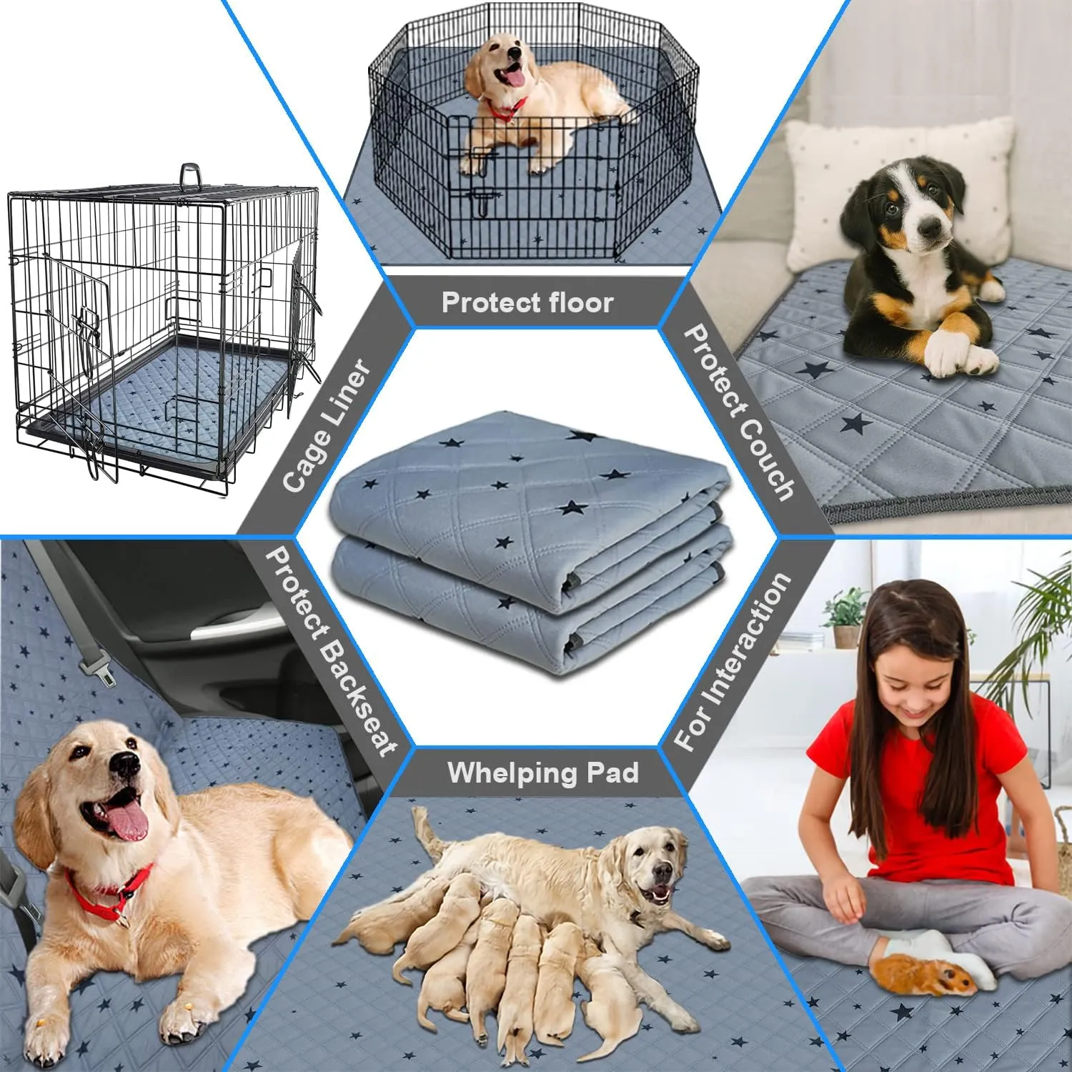 RIOUSSI Washable Pee Pads for Dogs, Reusable, Absorbent, Leakproof, Non Slip Pet Puppy Pads for Potty Training. Gray Stars, 24x36 Inch(2pack)