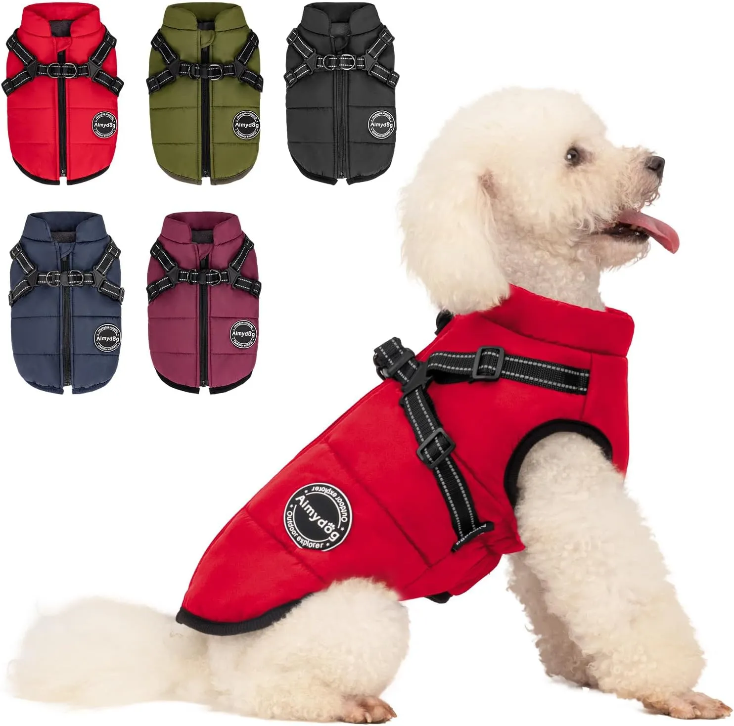 Warm Winter Coat, Fashion Sports Dog Jacket with Built-in Harness, Reflective & Adjustable Pet Vest, Waterproof Windproof Apparel for Small Dogs (Red)
