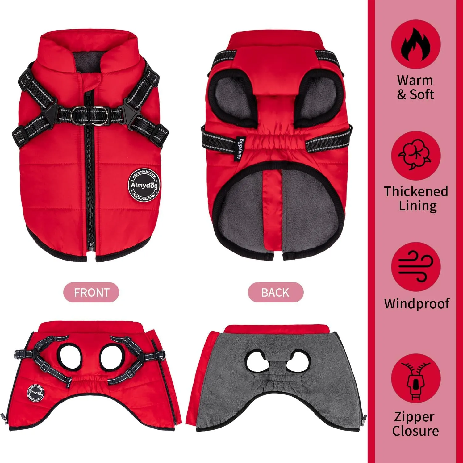 Warm Winter Coat, Fashion Sports Dog Jacket with Built-in Harness, Reflective & Adjustable Pet Vest, Waterproof Windproof Apparel for Small Dogs (Red)