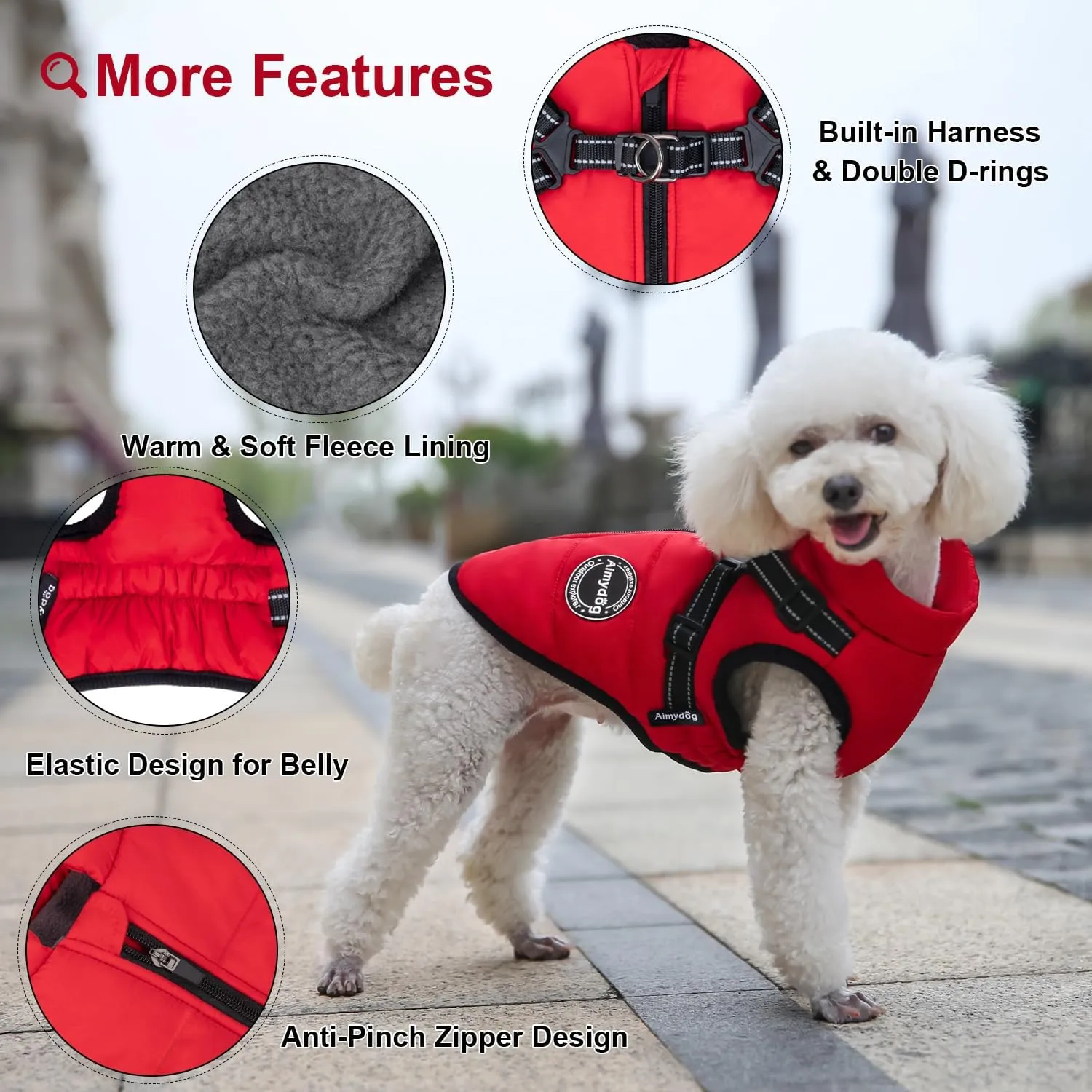 Warm Winter Coat, Fashion Sports Dog Jacket with Built-in Harness, Reflective & Adjustable Pet Vest, Waterproof Windproof Apparel for Small Dogs (Red)